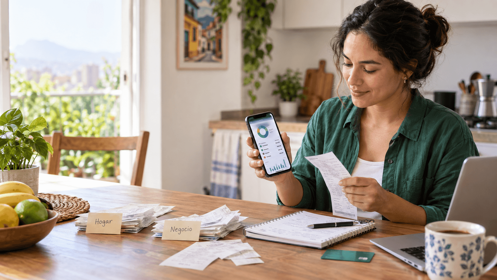 Persona organizando facturas personales y de negocio con una app de finanzas